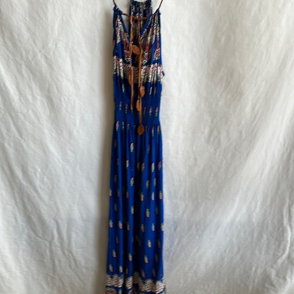 Dresses & Skirts - Royal blue print maxi halter dress with faux leather tie, size XS/S